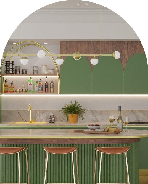 Green kitchen island with brass pendant lighting and leather bar stools