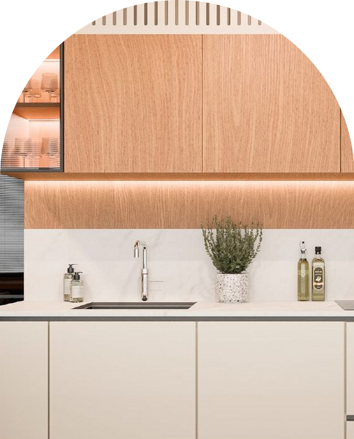 Arched close-up of a modern wood kitchen with marble backsplash and built-in lighting