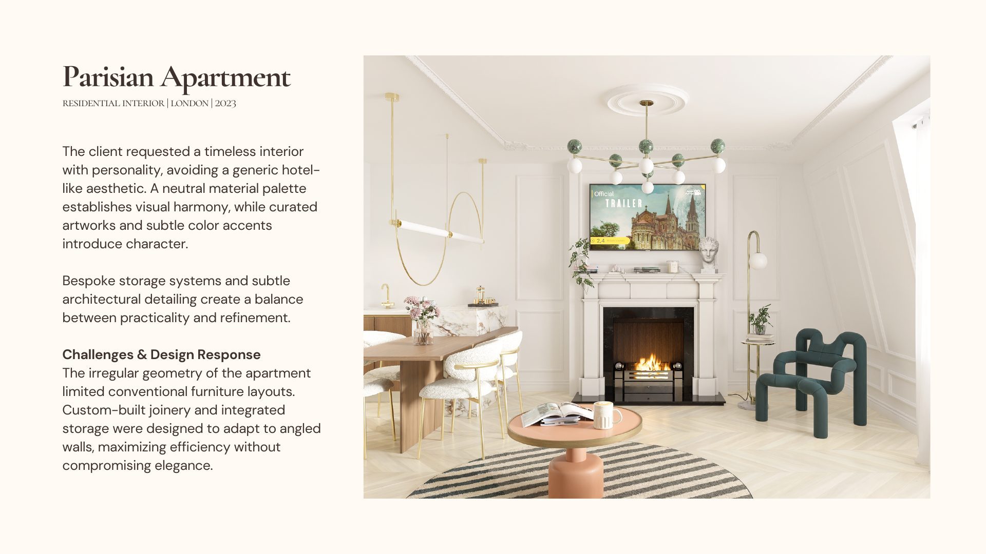 Parisian Apartment project overview beside a living room with marble fireplace, sculptural teal armchair and chevron wood flooring