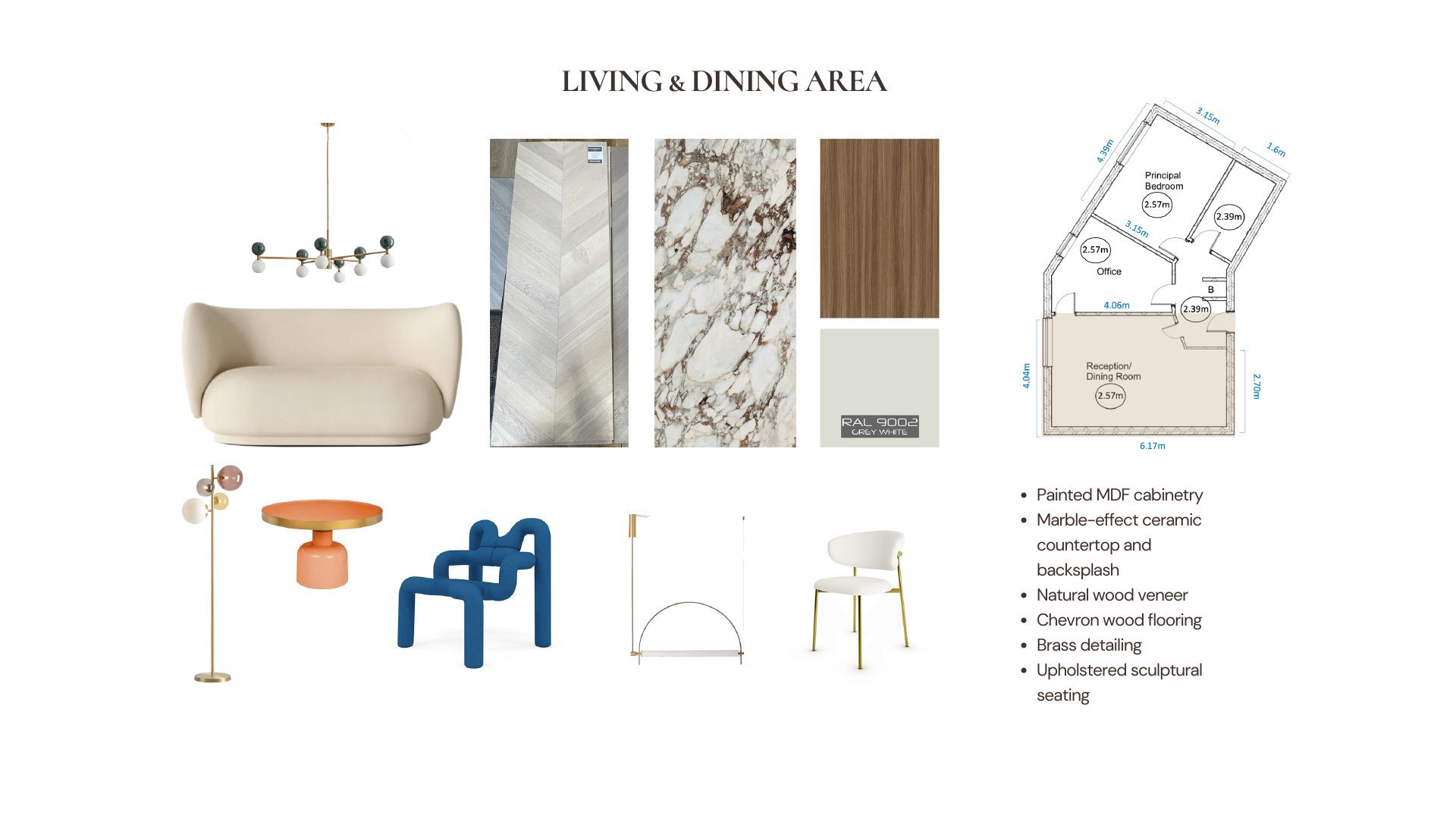 Parisian Apartment living and dining mood board with fabric, marble and wood material swatches, furniture pieces and floor plan