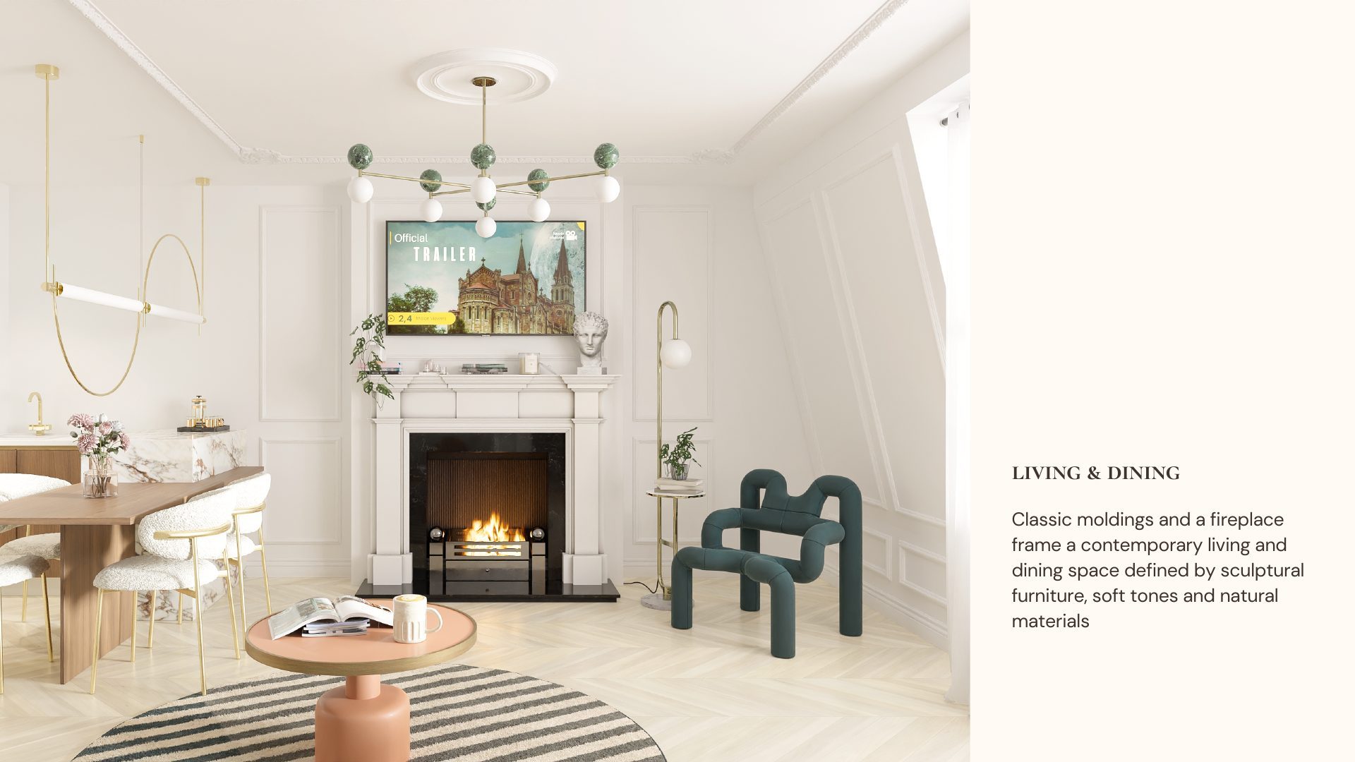 Parisian Apartment living room with green marble chandelier, marble fireplace, sculptural teal armchair and chevron wood flooring