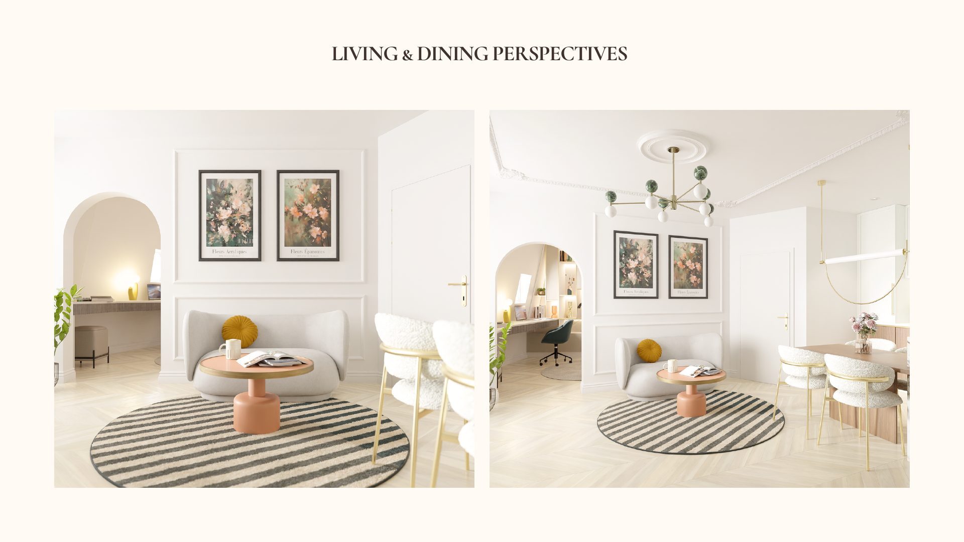 Two perspectives of the Parisian Apartment living and dining area with floral artwork, round coffee table and brass pendant lighting