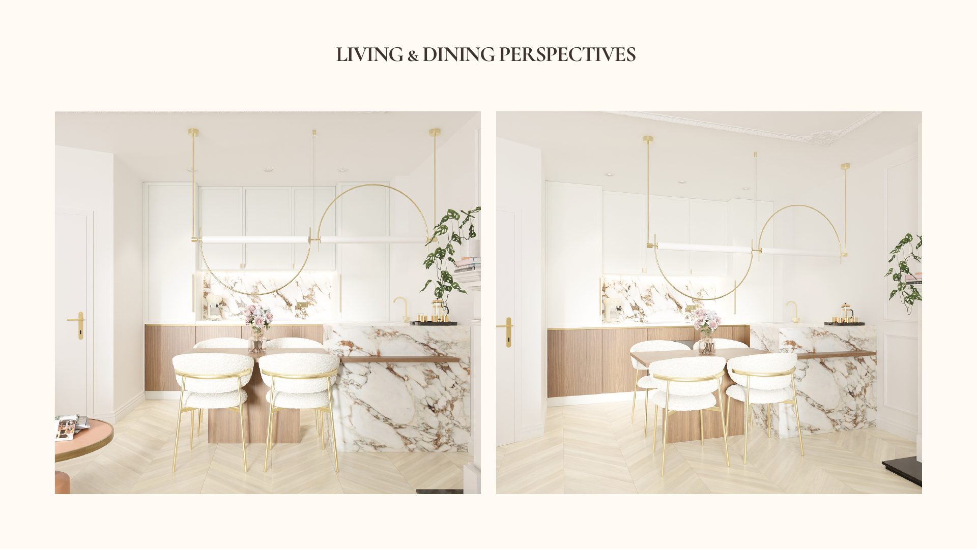 Two perspectives of the Parisian Apartment kitchen with brass pendant lighting, marble backsplash and wooden dining table