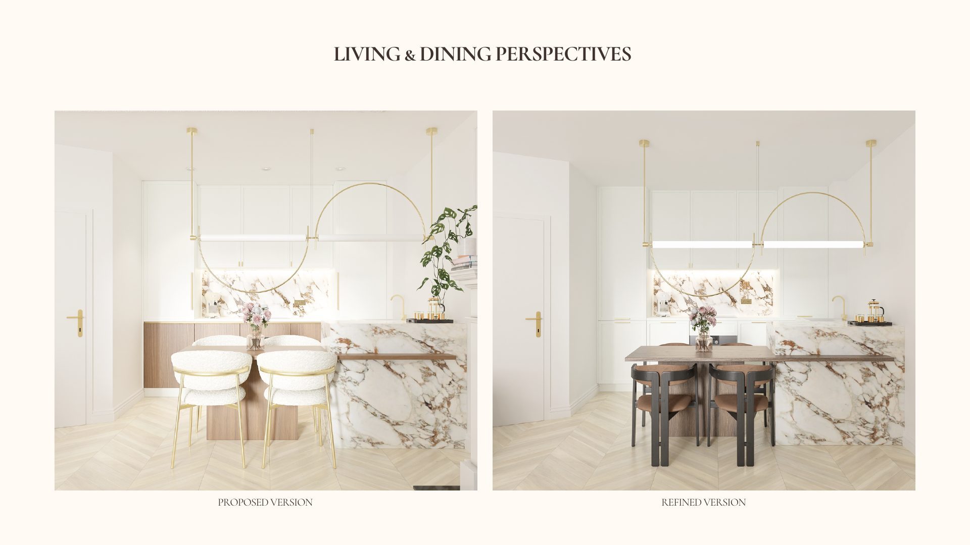 Proposed and refined kitchen island perspectives for the Parisian Apartment, comparing bouclé stools with wooden dining chairs