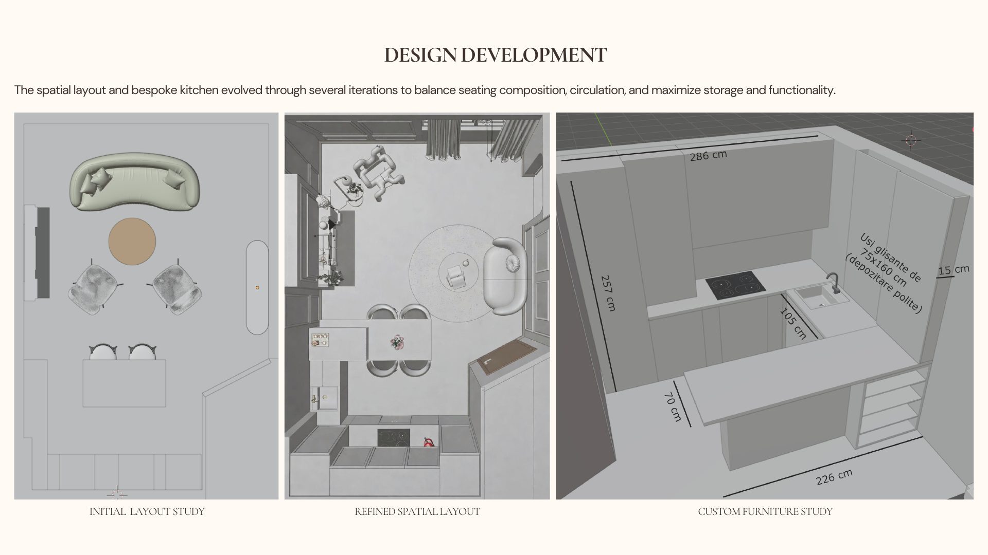 Design development boards for the Parisian Apartment living and dining area: initial layout study, refined spatial layout and custom kitchen furniture study