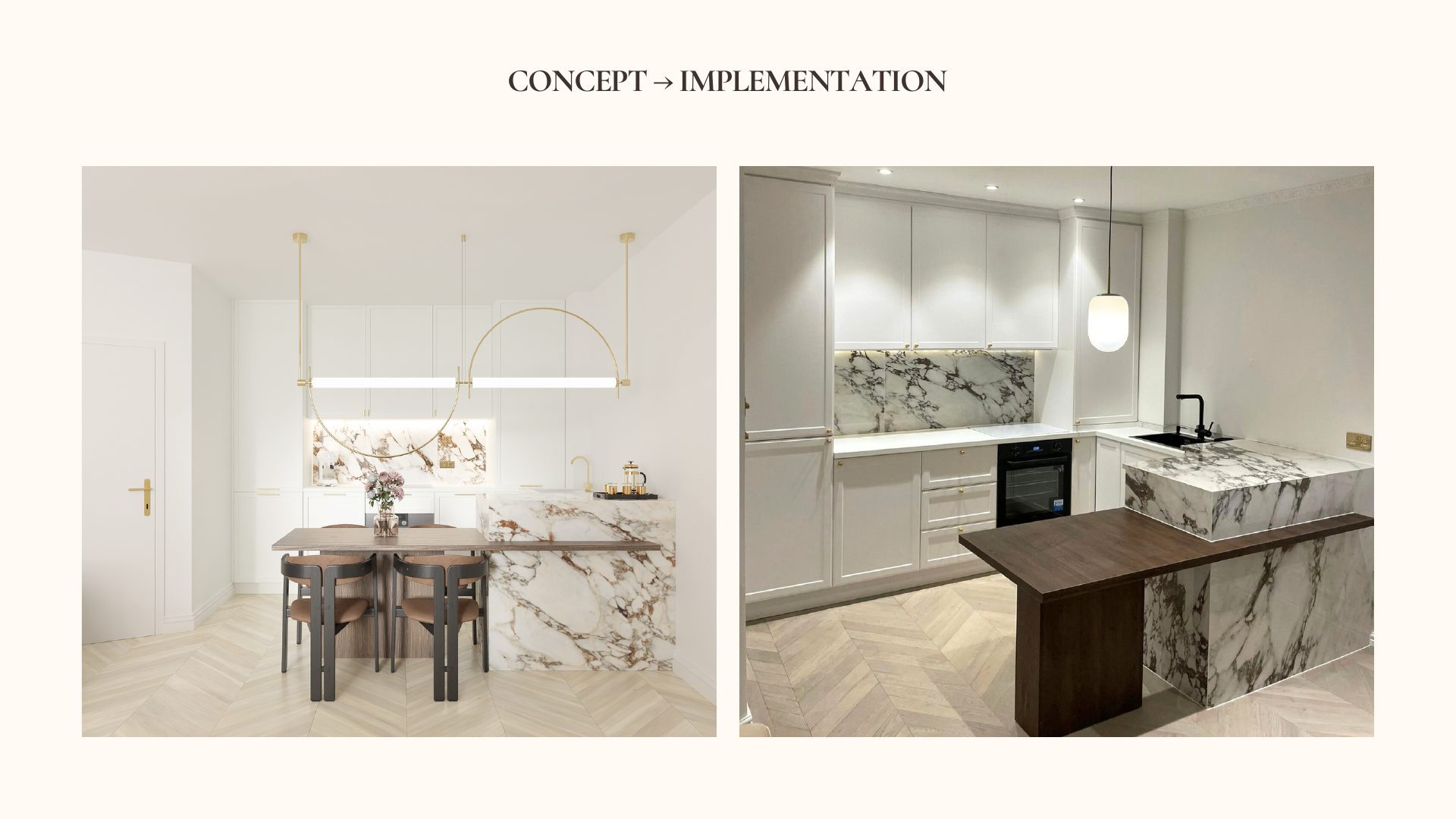 Concept render and final photograph of the Parisian Apartment kitchen with marble backsplash and island