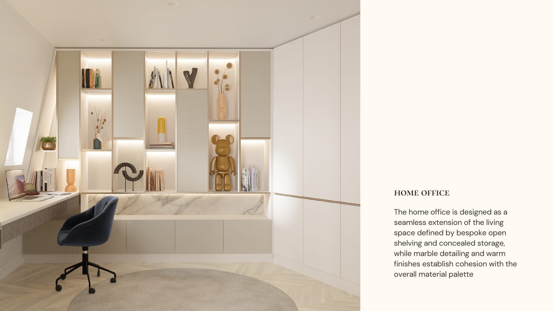 Home office nook in the Parisian Apartment with bespoke lit shelving, marble bench and desk