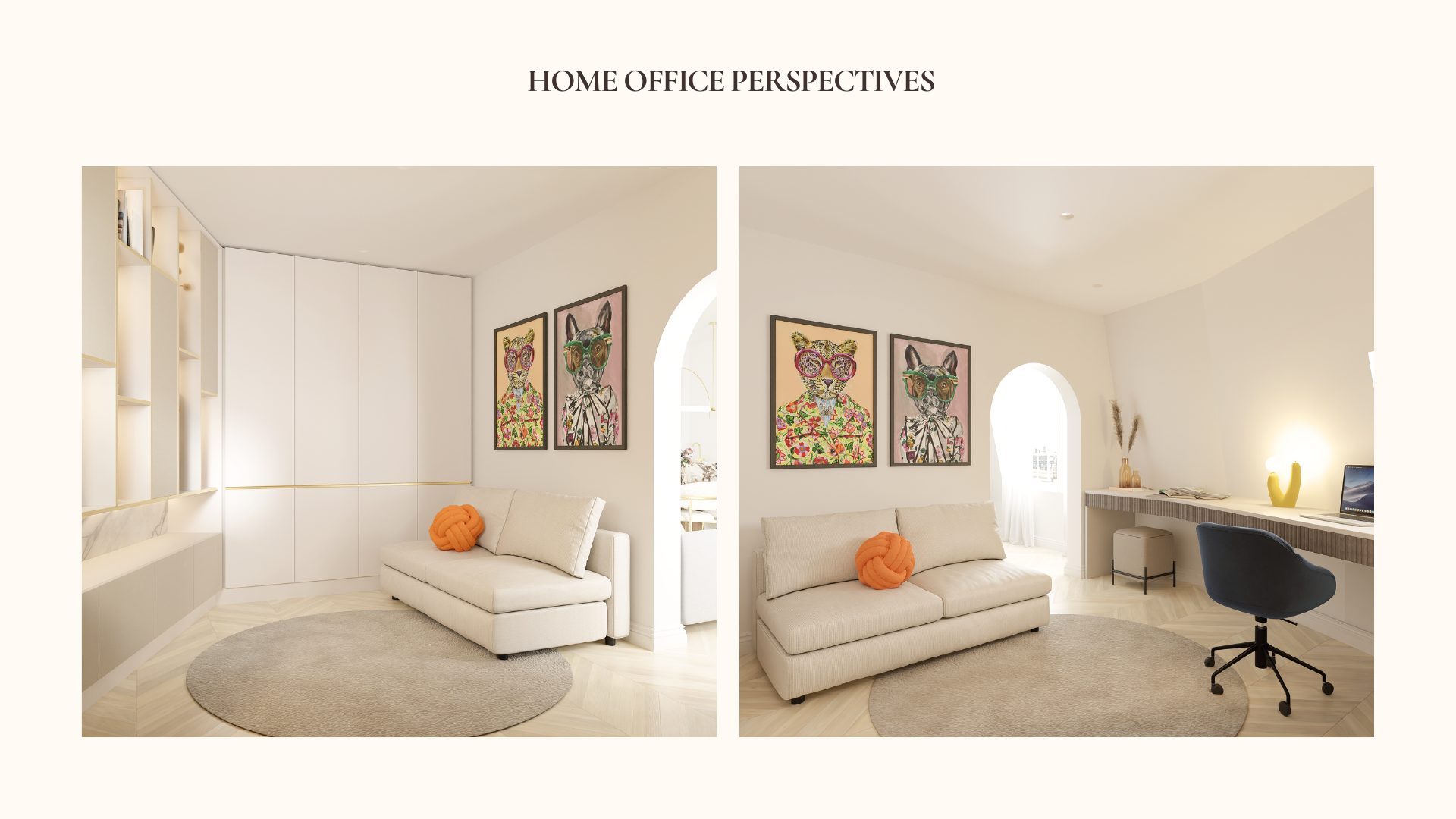 Two perspectives of the Parisian Apartment home office with playful animal artwork and cream sofa