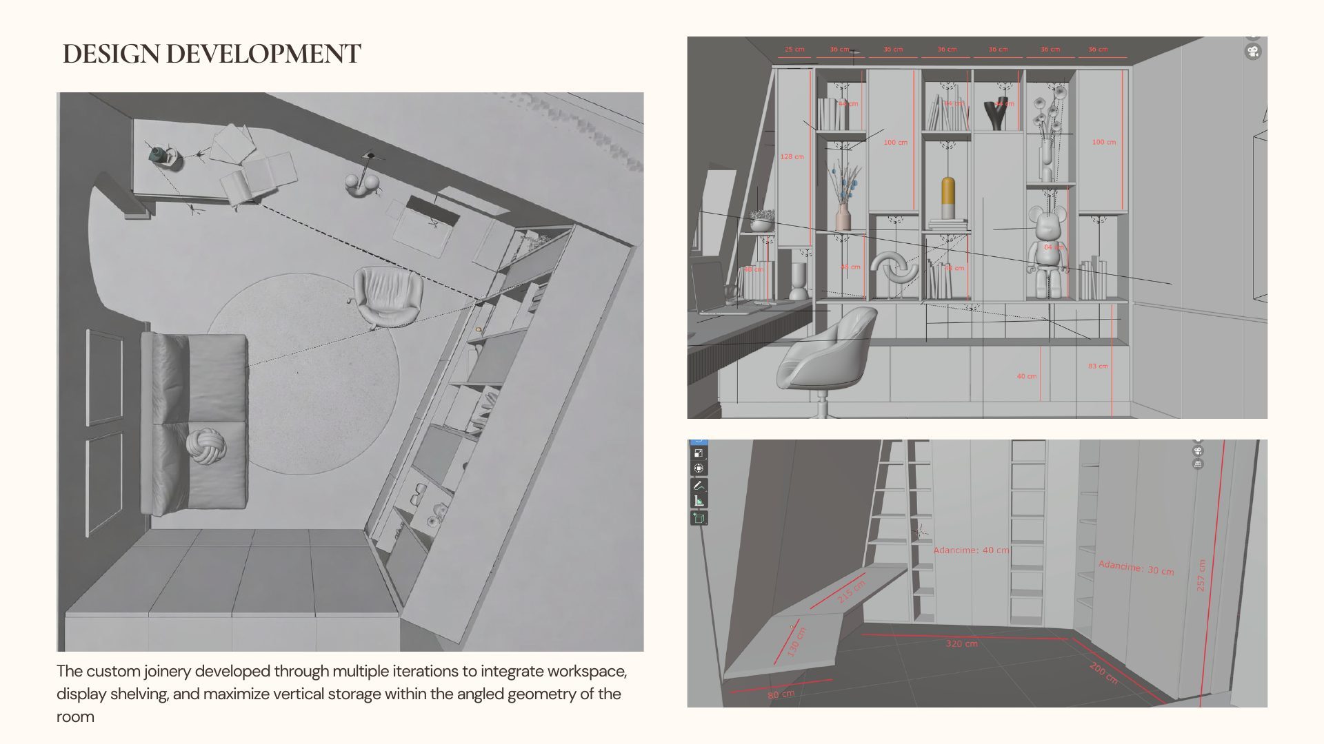 Design development sketches for the Parisian Apartment bedroom joinery, showing angled-wall storage and desk layout