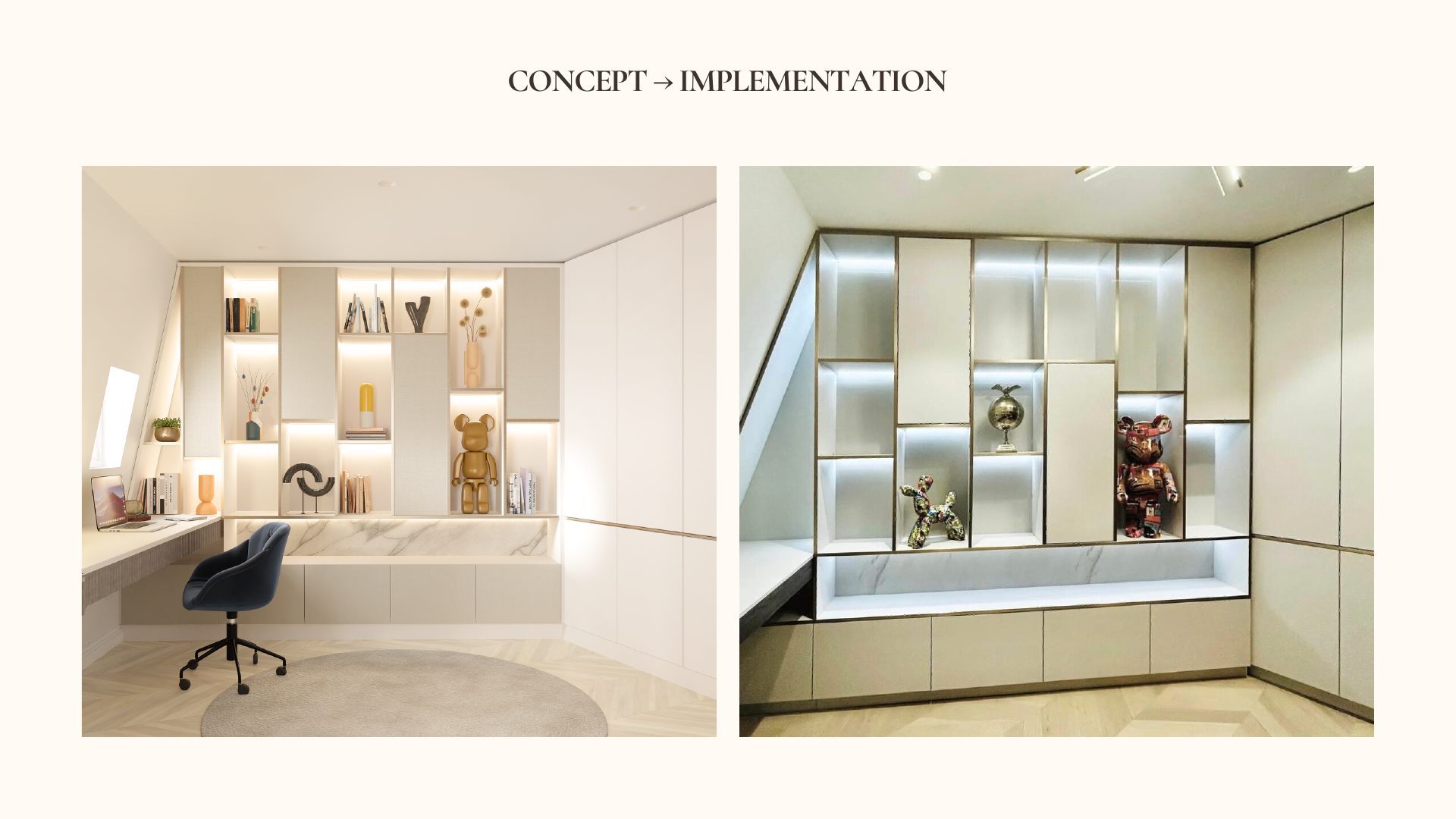 Concept render and final photograph of the Parisian Apartment built-in shelving with books and decorative objects