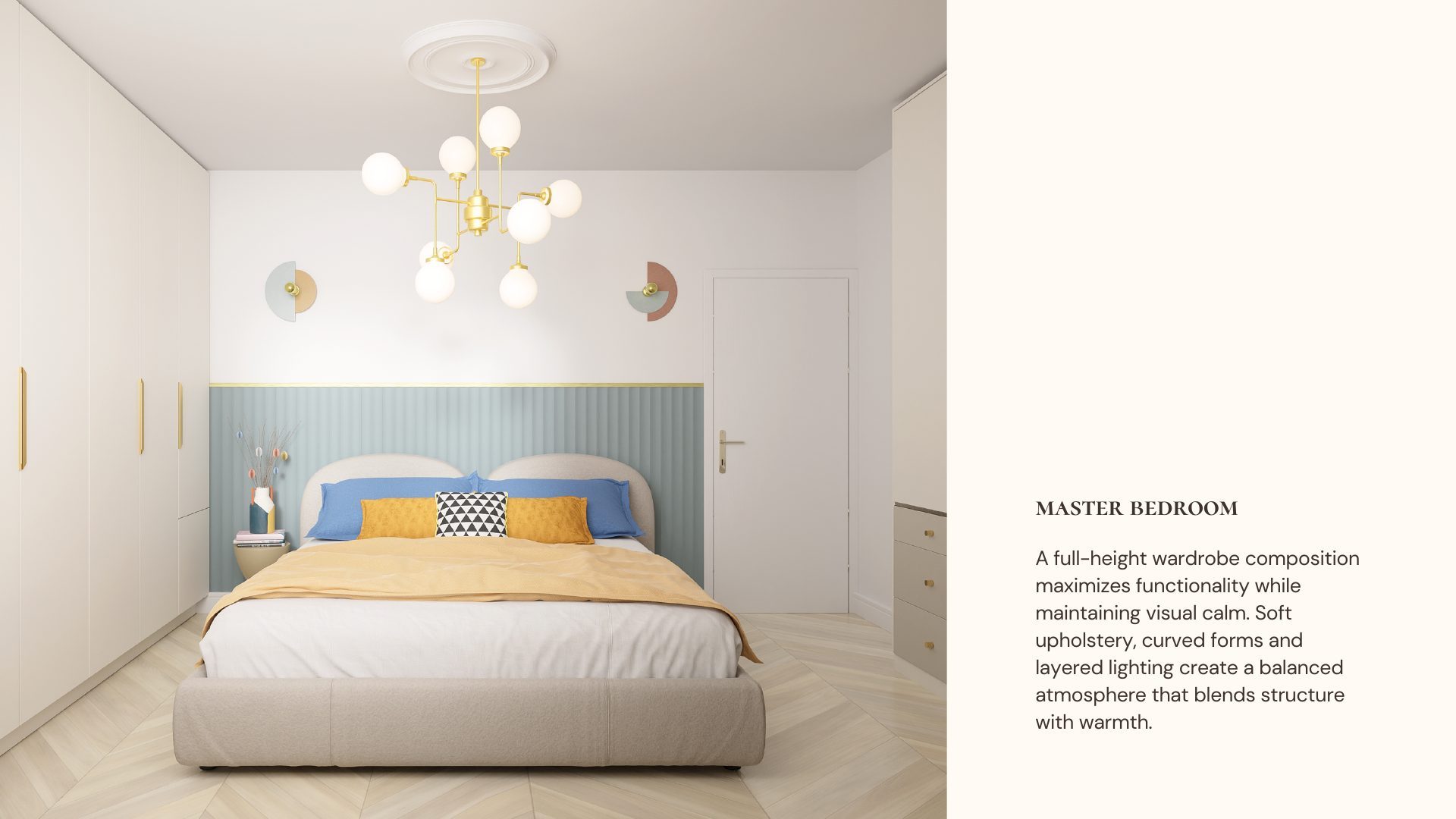 Parisian Apartment master bedroom with pastel wall sconces, sculptural chandelier and mustard and blue bedding
