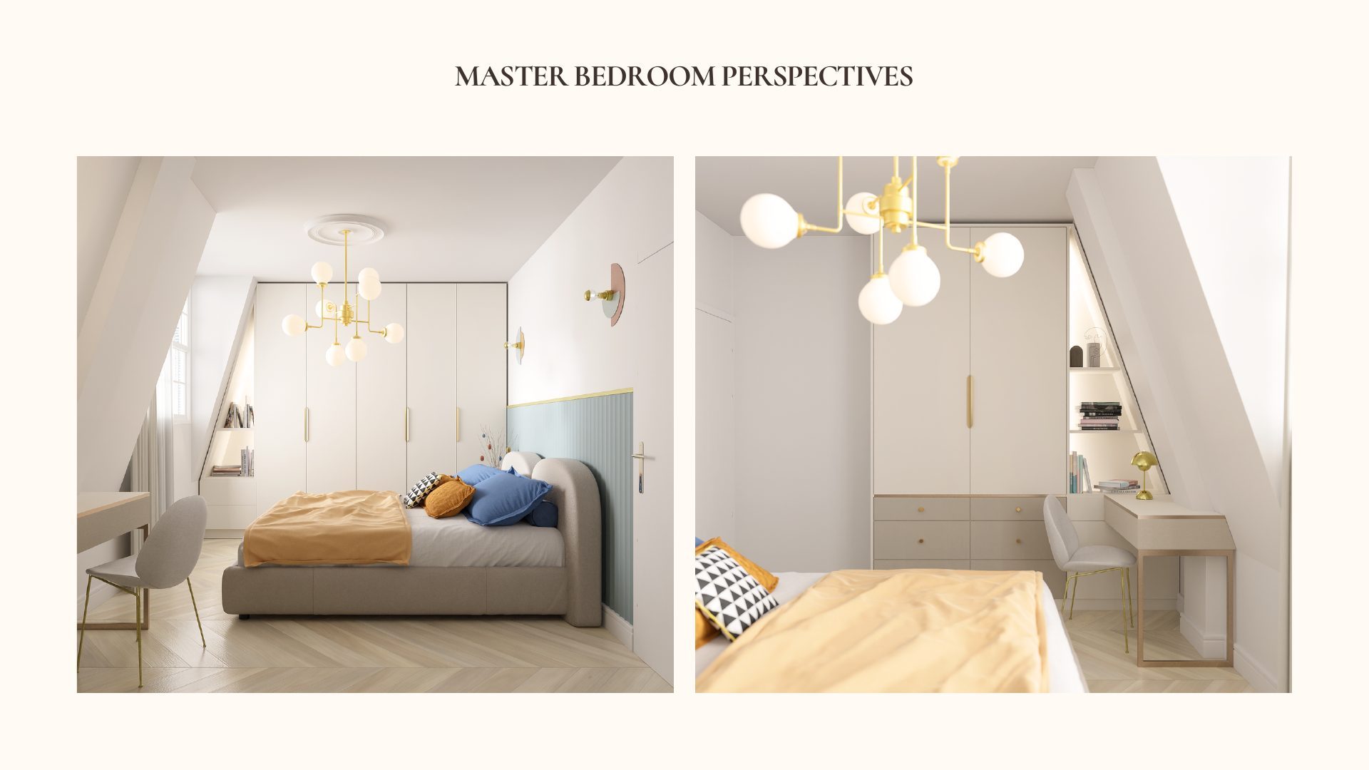 Two perspectives of the Parisian Apartment master bedroom showing the wardrobe wall and desk area
