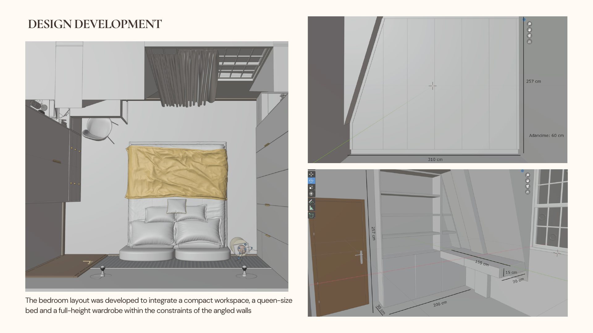 Design development plan and elevation drawings for the Parisian Apartment bedroom joinery within the angled roofline
