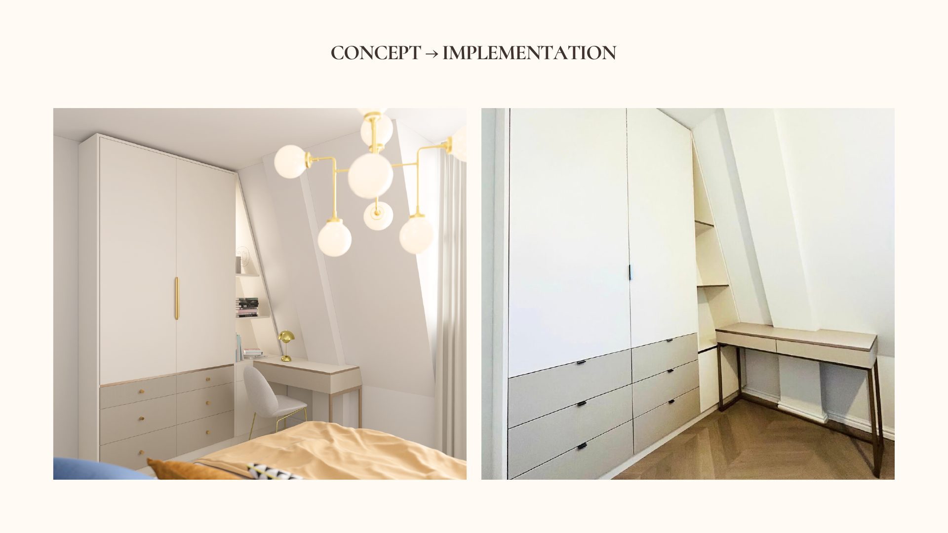 Concept render and final photograph of the Parisian Apartment bedroom wardrobe with brass handles