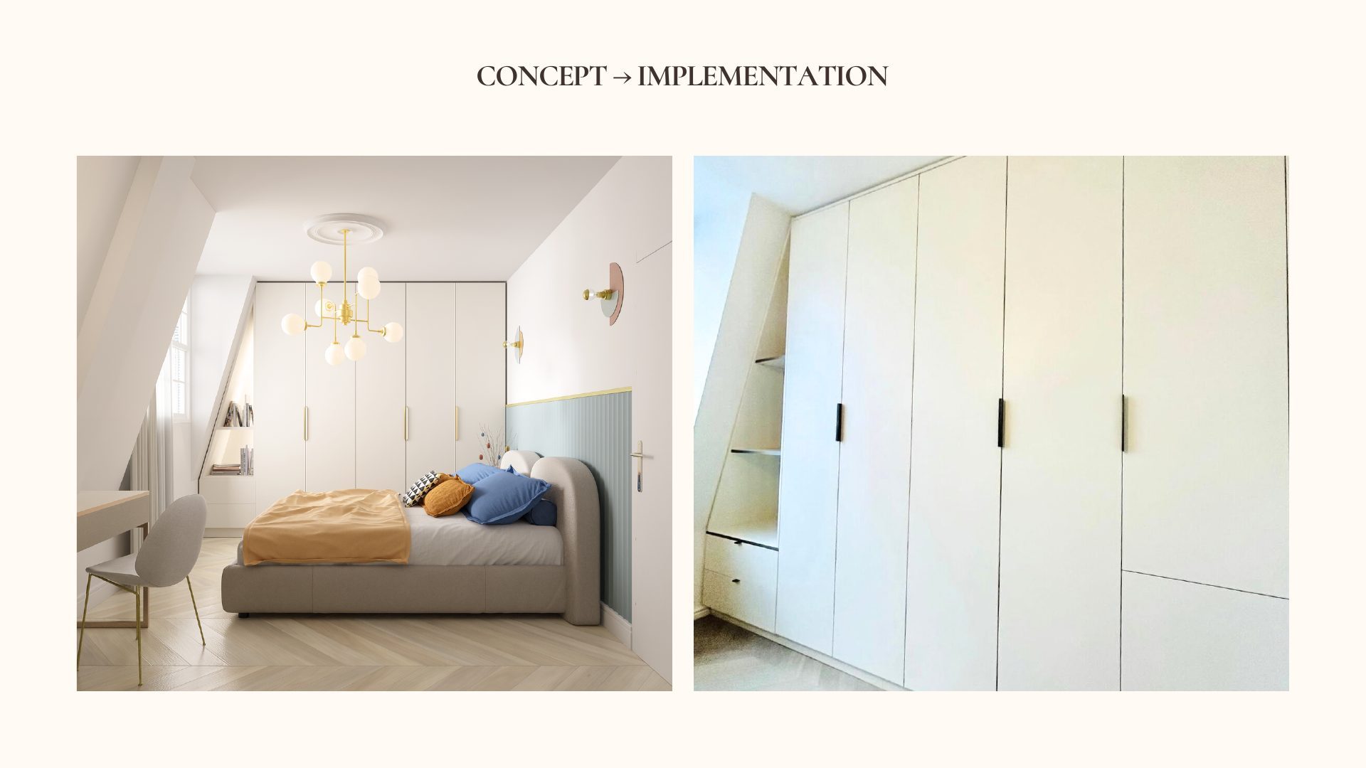Concept render and final photograph of the Parisian Apartment bedroom showing the pastel headboard wall and wardrobe