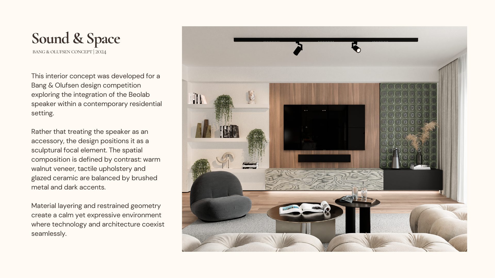 Sound & Space project overview: Bang & Olufsen Beolab concept living room with walnut media wall and green glazed tile accent