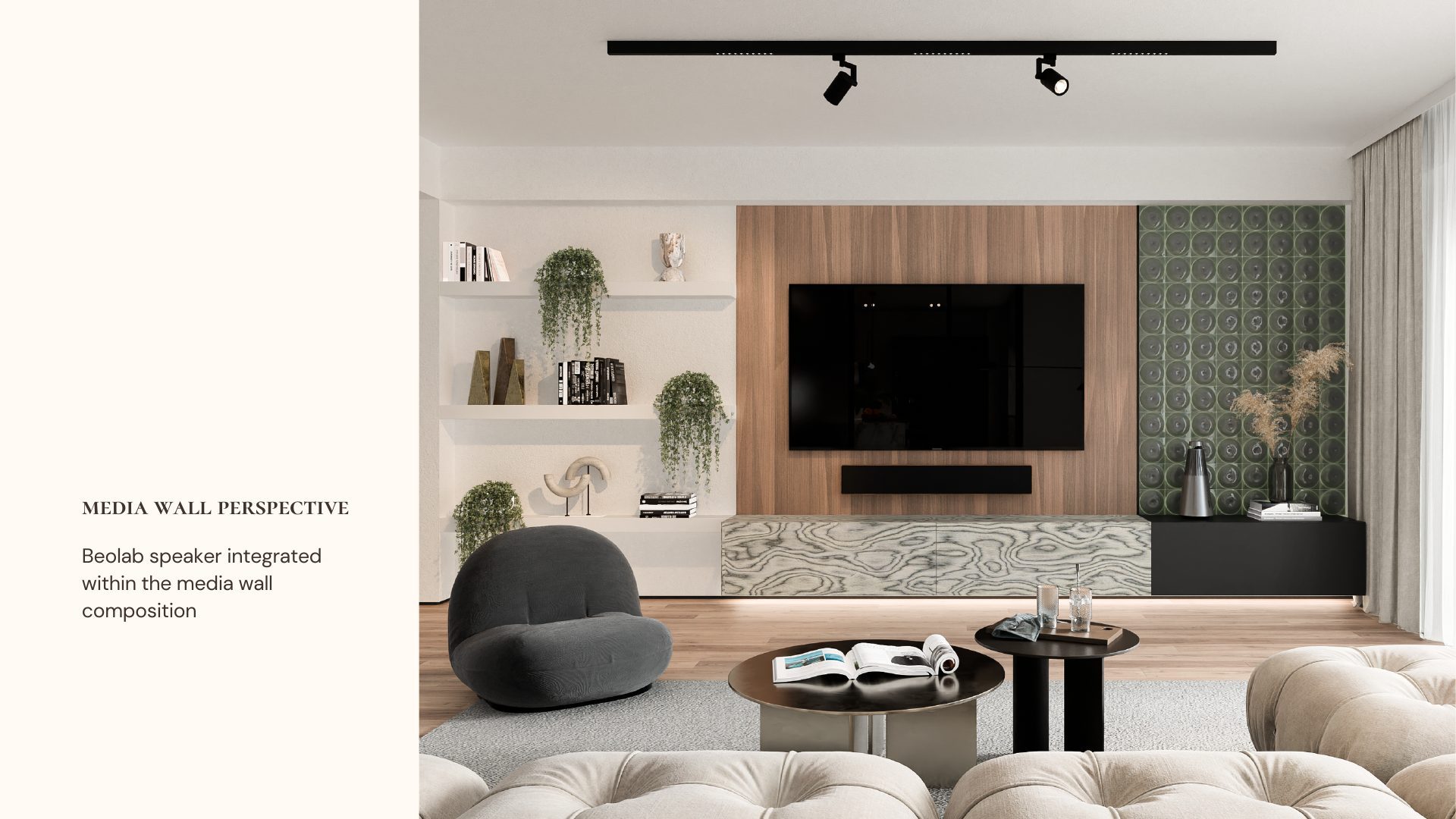 Media wall in the Sound & Space living room integrating a Bang & Olufsen Beolab speaker within a walnut and green tile composition