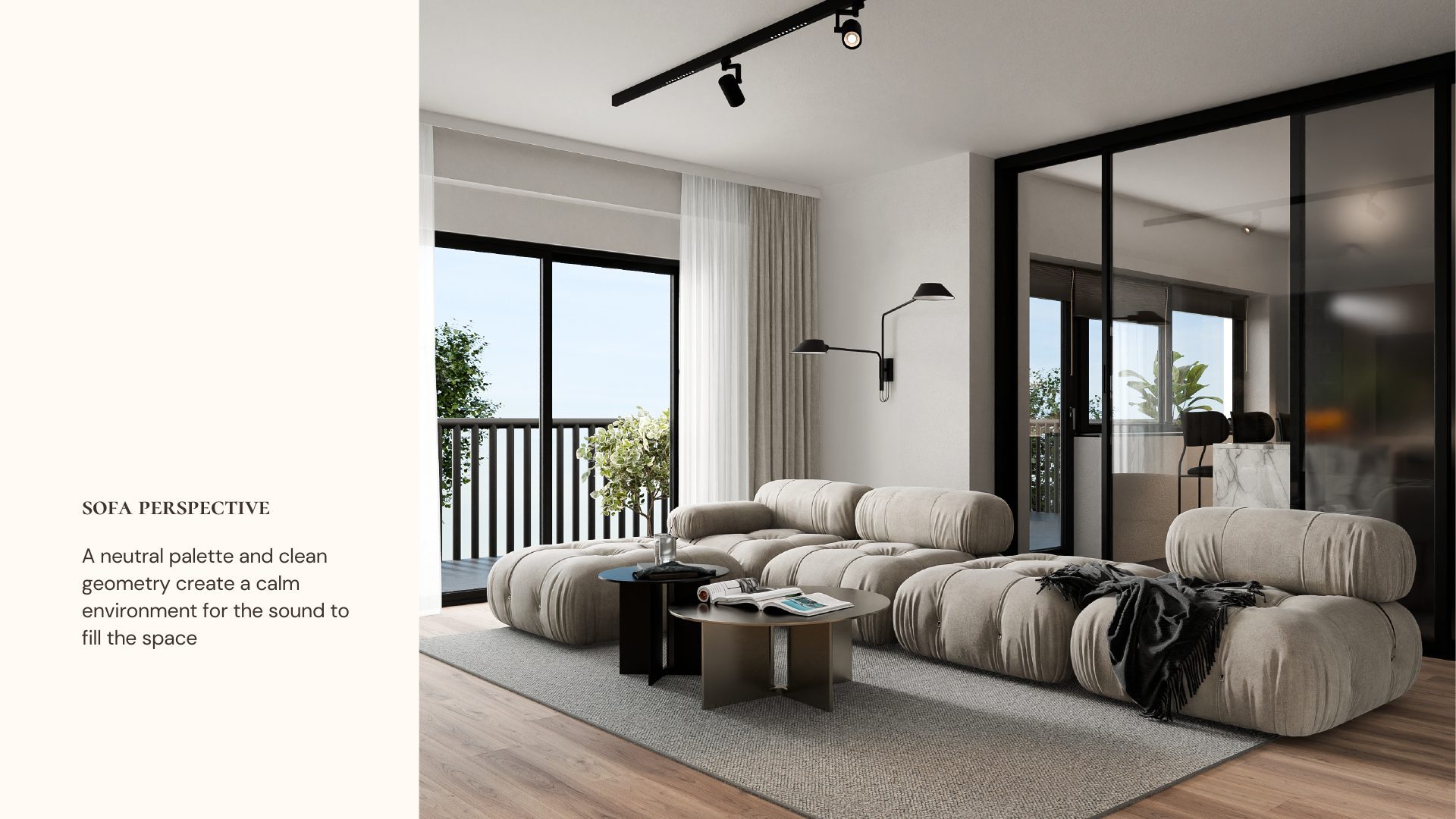 Sound & Space living room sofa perspective with a balcony view, neutral tones and black accent lighting