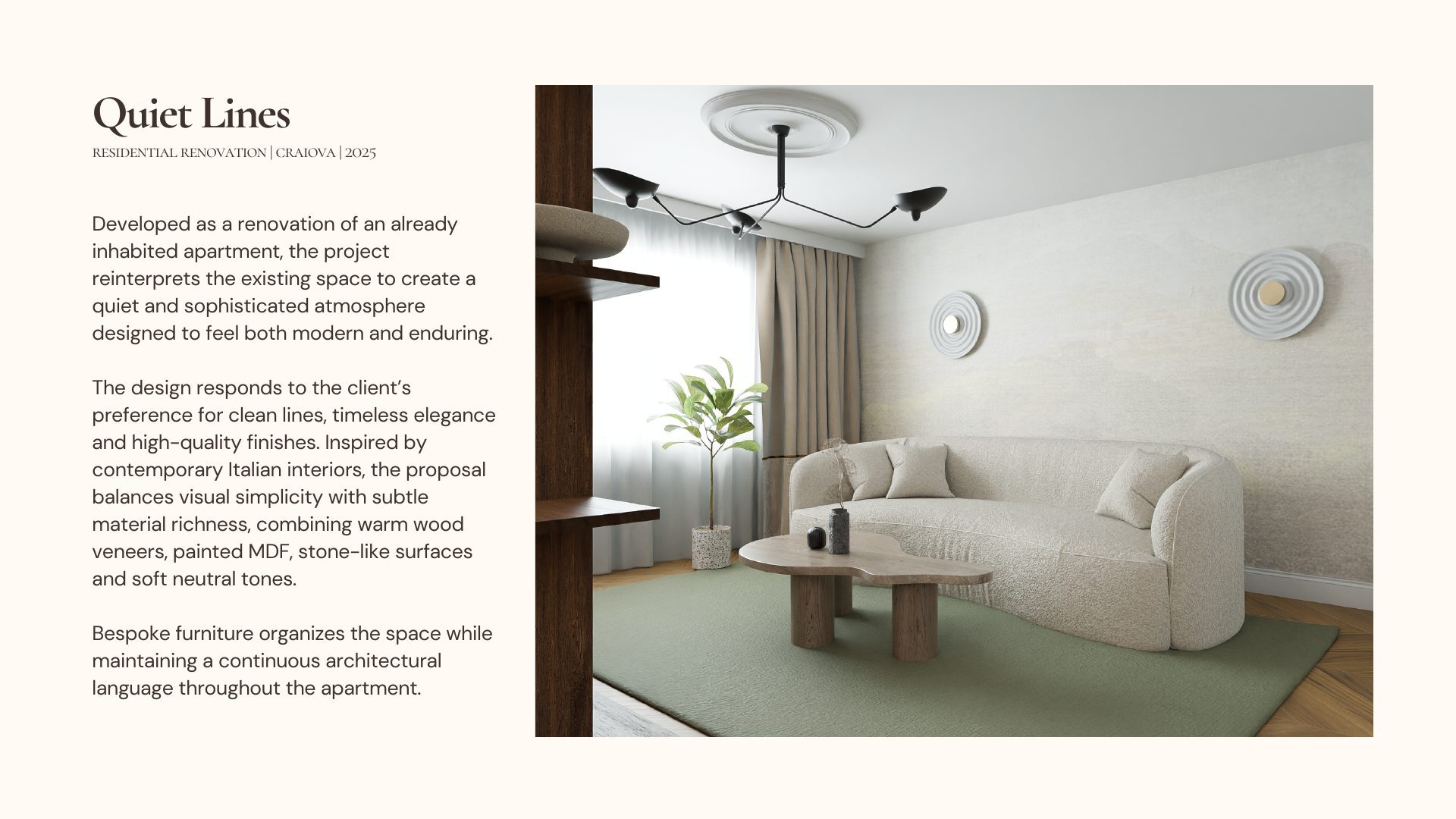 Quiet Lines project overview: Craiova apartment renovation living room with sculptural sconces and bouclé sofa on a sage green rug