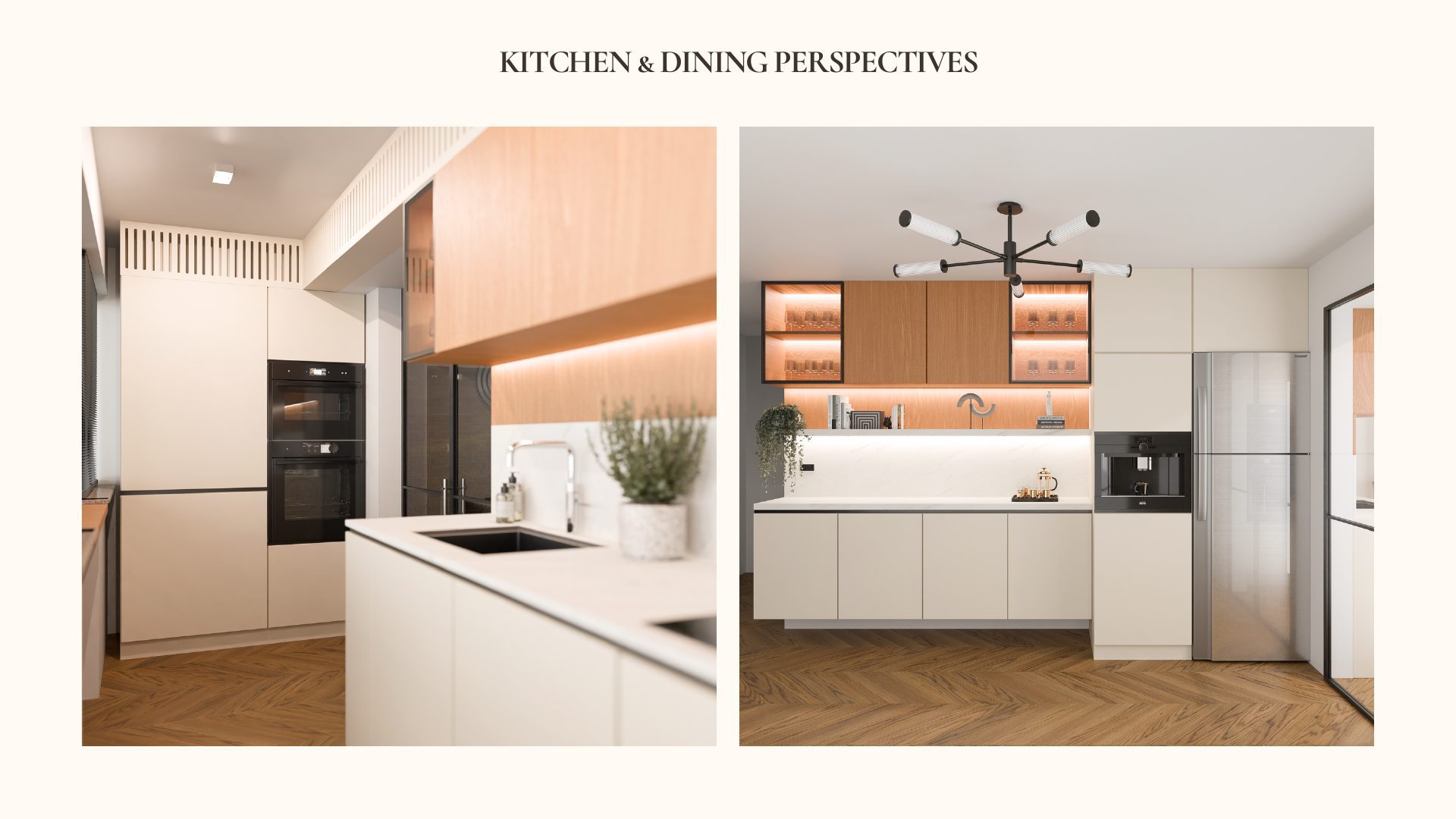 Two perspectives of the Quiet Lines kitchen and dining area with marble island and glass display cabinets
