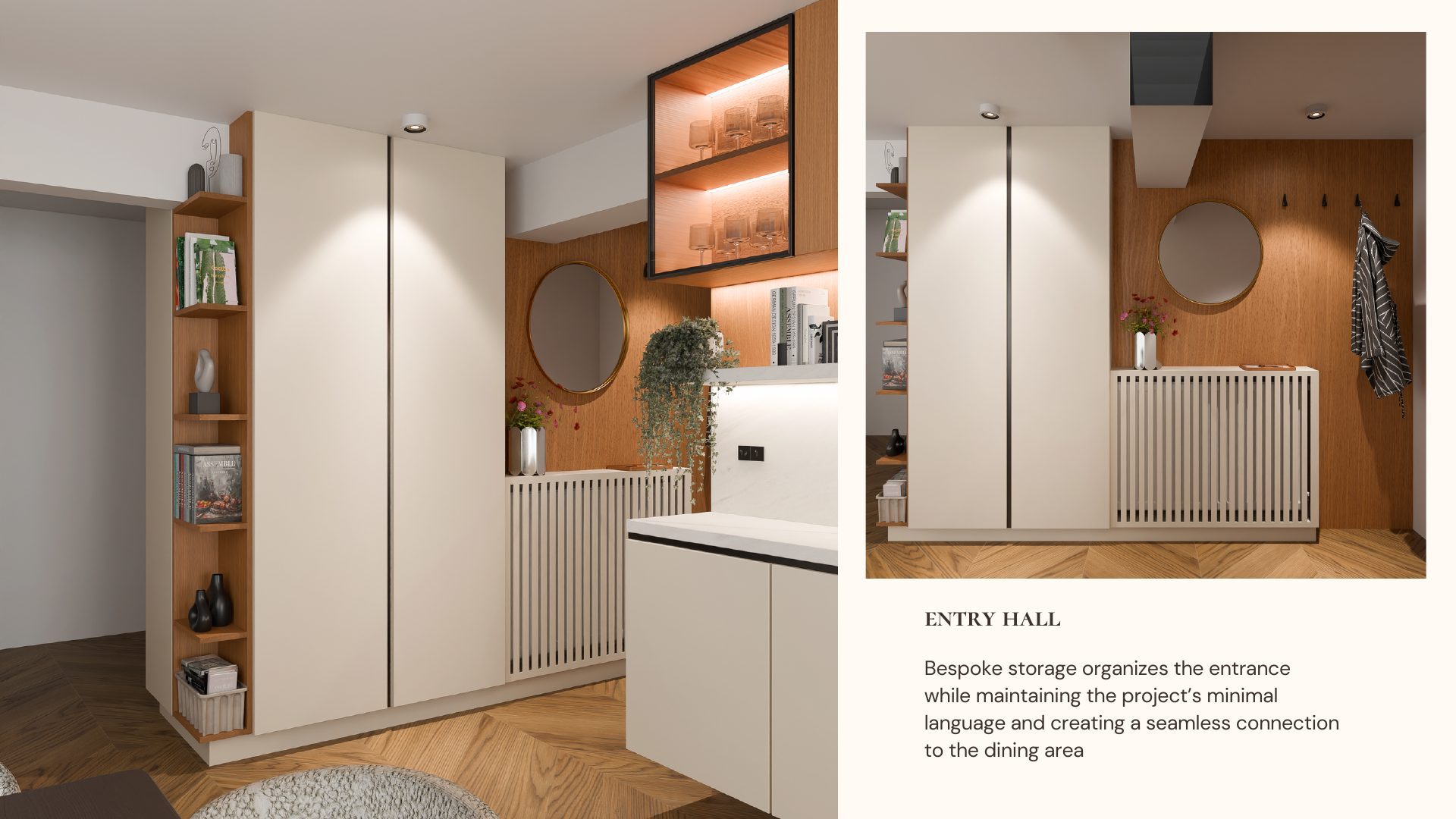 Proposed and refined dining perspectives for the Quiet Lines kitchen, comparing bouclé stools with a wood and leather dining set