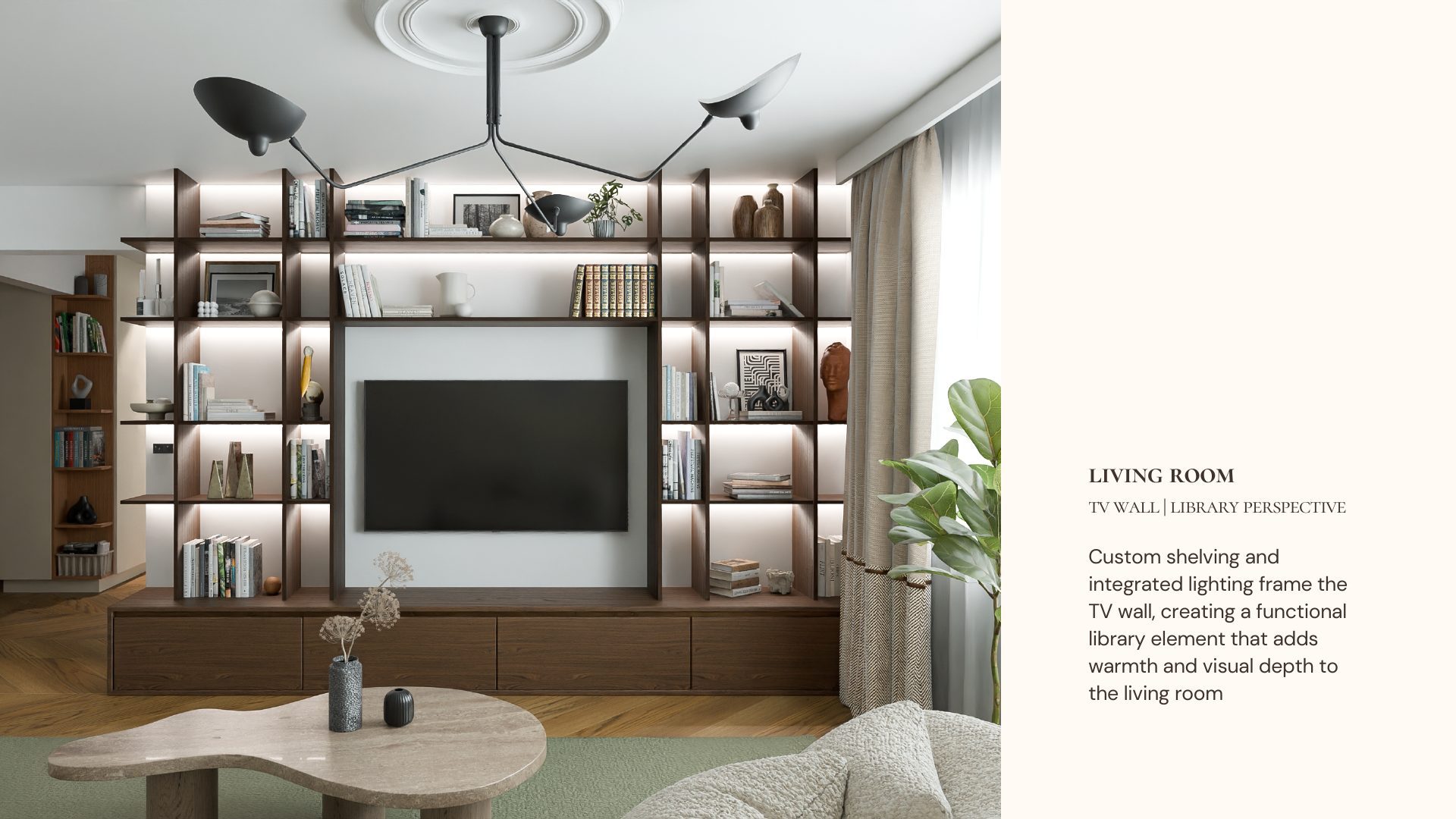 Concept render and final photograph of the Quiet Lines kitchen with marble island and pendant lighting