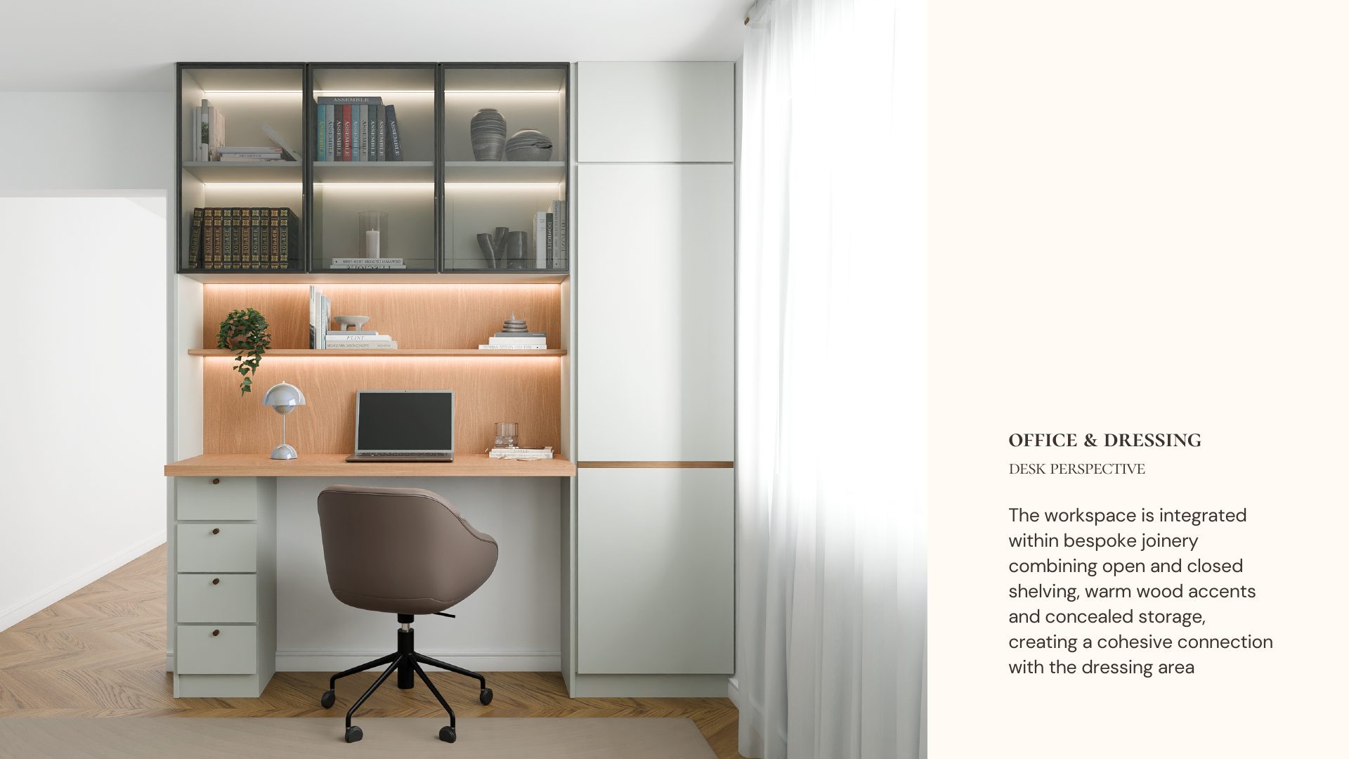 Quiet Lines home office with backlit open shelving, TV wall and reading chair