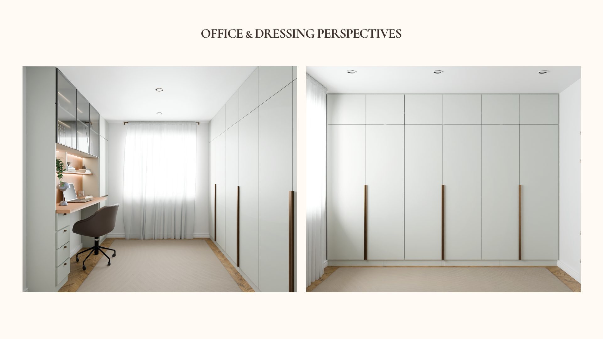 Quiet Lines built-in desk with glass display cabinets and warm wood backsplash