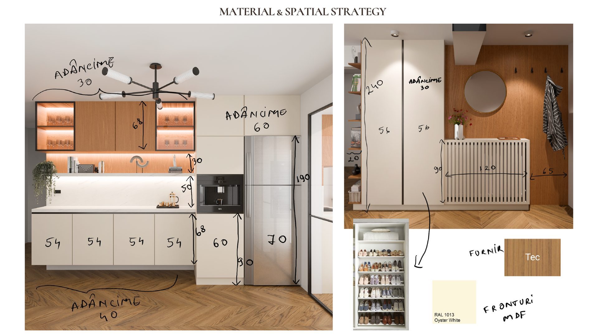 Design development sketches for the Quiet Lines kitchen cabinetry with material notes and measurements
