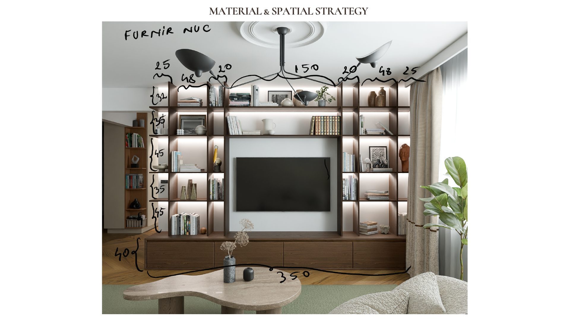Design development sketches for the Quiet Lines TV wall shelving unit with measurements and walnut veneer notes