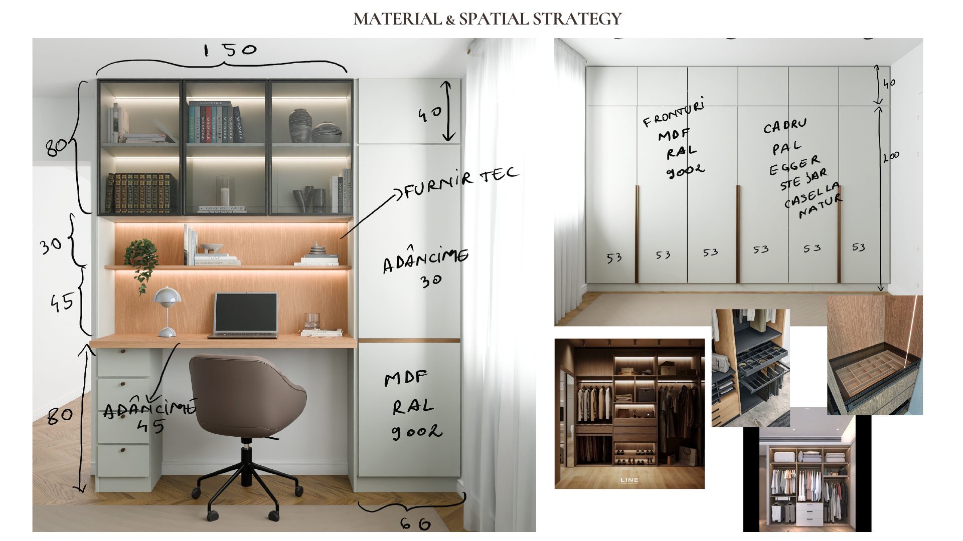Design development sketches for the Quiet Lines desk and wardrobe joinery with material and dimension notes, plus wardrobe interior references