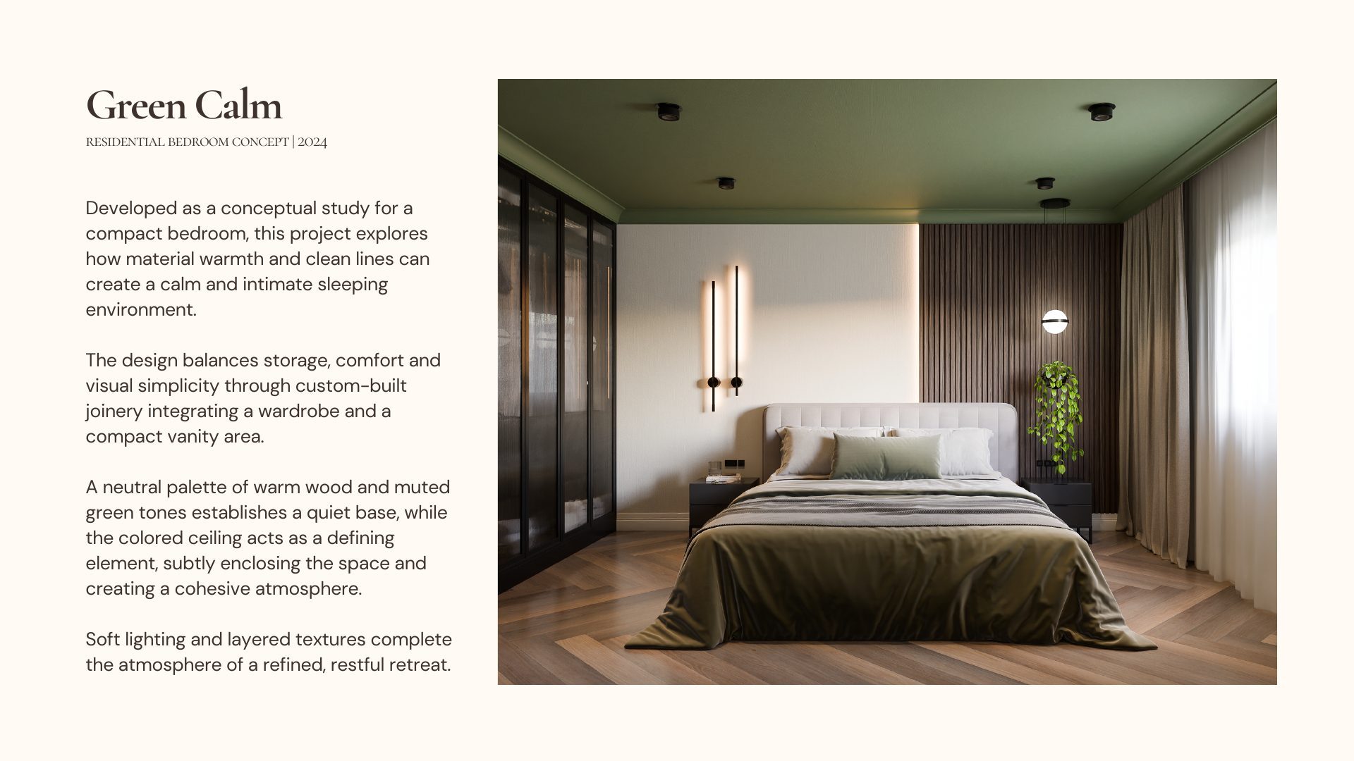 Green Calm bedroom concept with sage green ceiling, vertical wall sconces and olive bedding