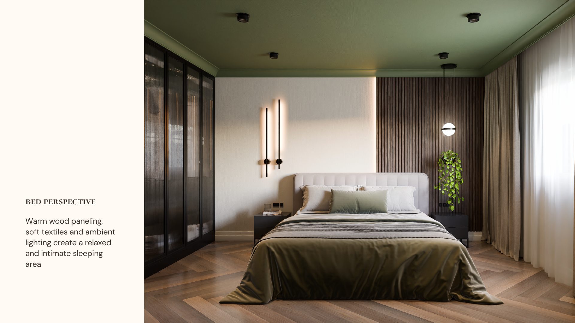 Green Calm bedroom bed perspective with warm wood paneling and hanging plant
