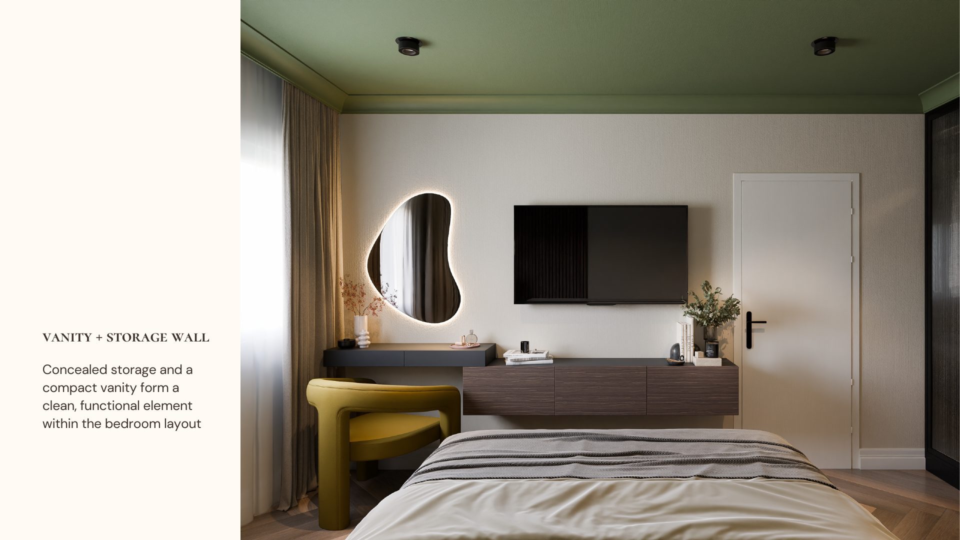 Green Calm bedroom vanity and storage wall with a sculptural mirror and mustard accent chair