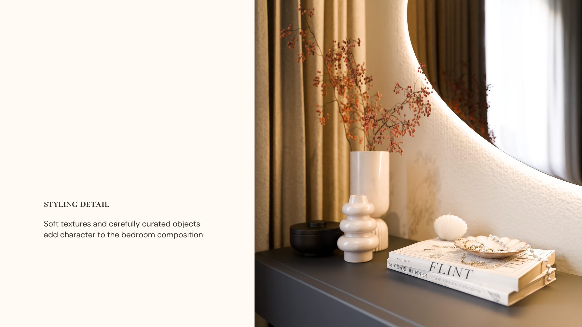 Styling detail of a dried floral arrangement and books on the Green Calm bedroom console