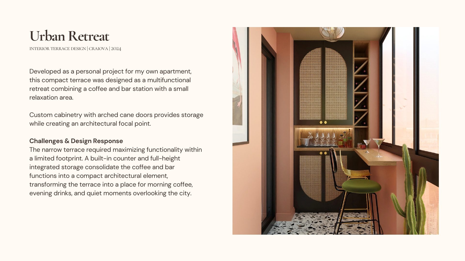 Urban Retreat project overview: compact Craiova terrace bar with cane cabinet doors and city view