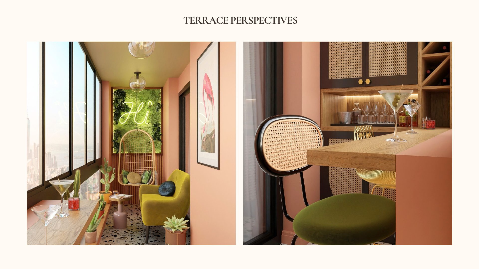 Two perspectives of the Urban Retreat terrace with a hanging rattan chair, neon sign and built-in bar
