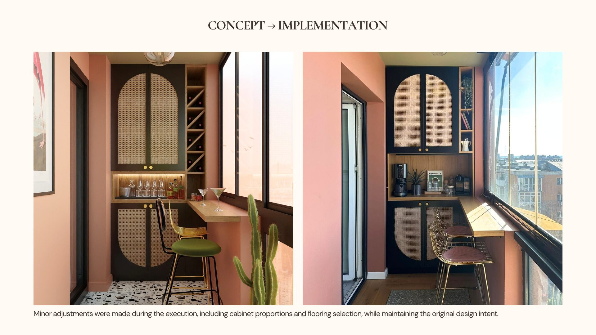 Concept render and final photograph of the Urban Retreat terrace bar with cane cabinetry and wine storage