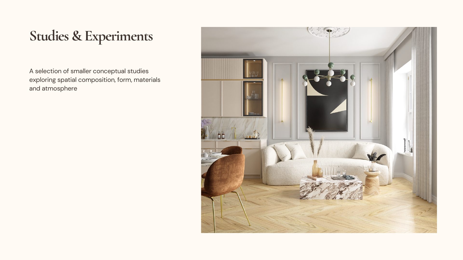 Open space composition study combining kitchen, dining and lounge areas with a curved bouclé sofa