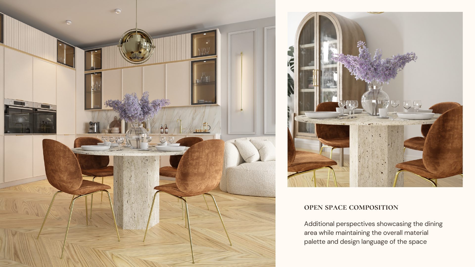Additional dining perspective for the open space composition study with a round table and rust velvet chairs