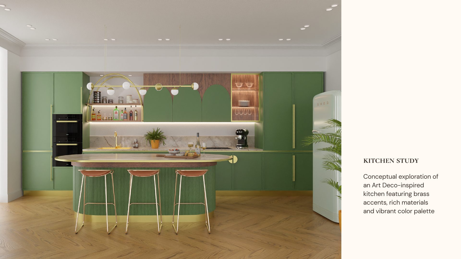 Art Deco-inspired kitchen study with green cabinetry, brass accents and a pastel green refrigerator