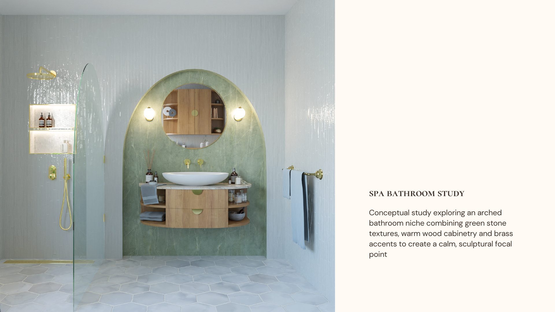 Spa bathroom study with an arched green stone niche, wall-mounted sink and wood cabinetry