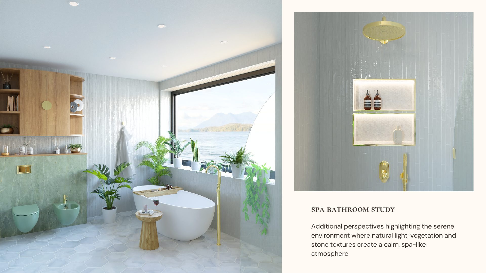 Additional spa bathroom study perspective showing a freestanding tub, brass fixtures and a lake view window