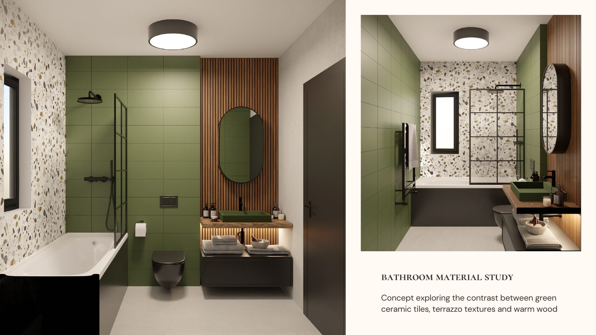 Bathroom material study contrasting green ceramic tile, terrazzo flooring and warm wood cabinetry