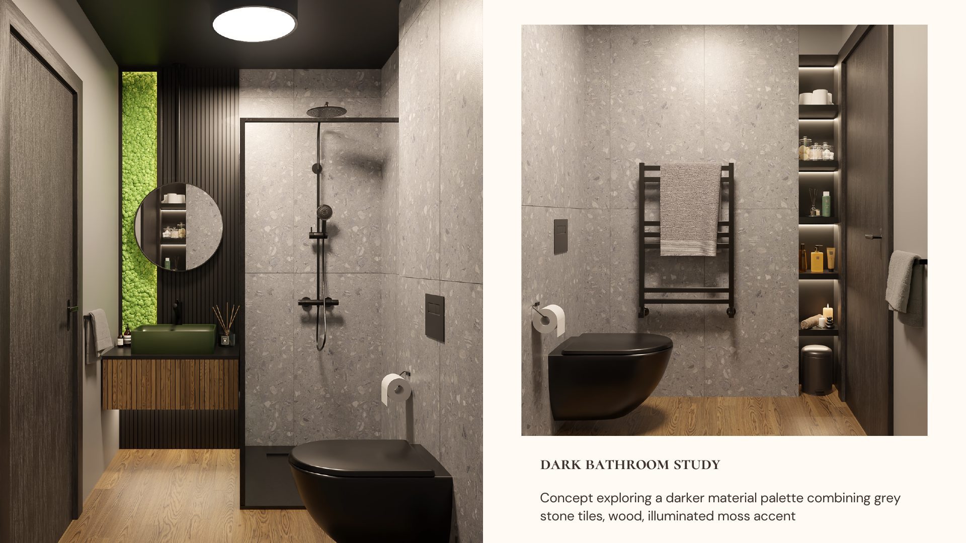 Dark bathroom study with grey stone tiles, black fixtures and a moss accent wall
