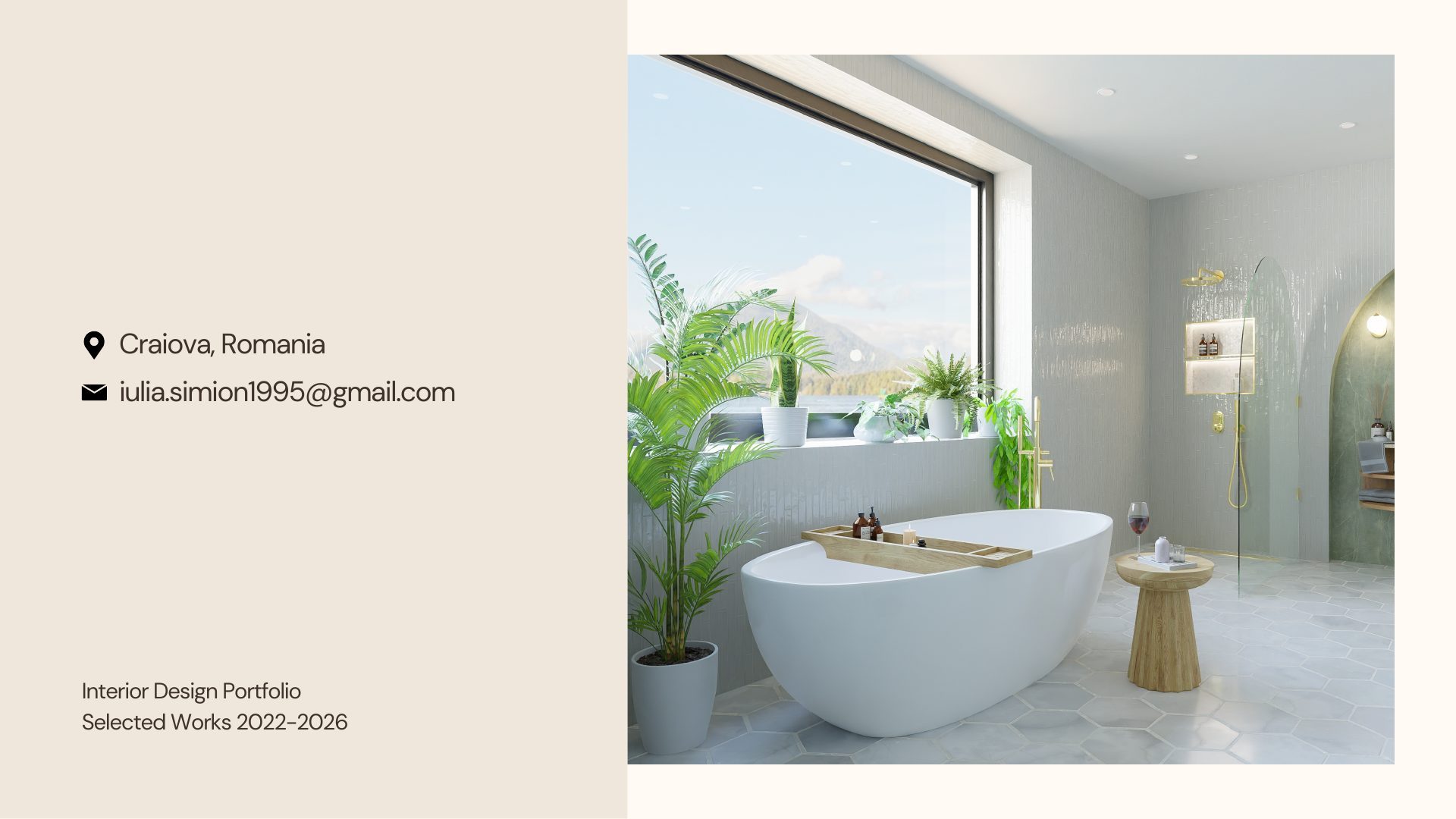 Closing slide of Iulia Simion's Interior Design Portfolio with contact details, Craiova, Romania